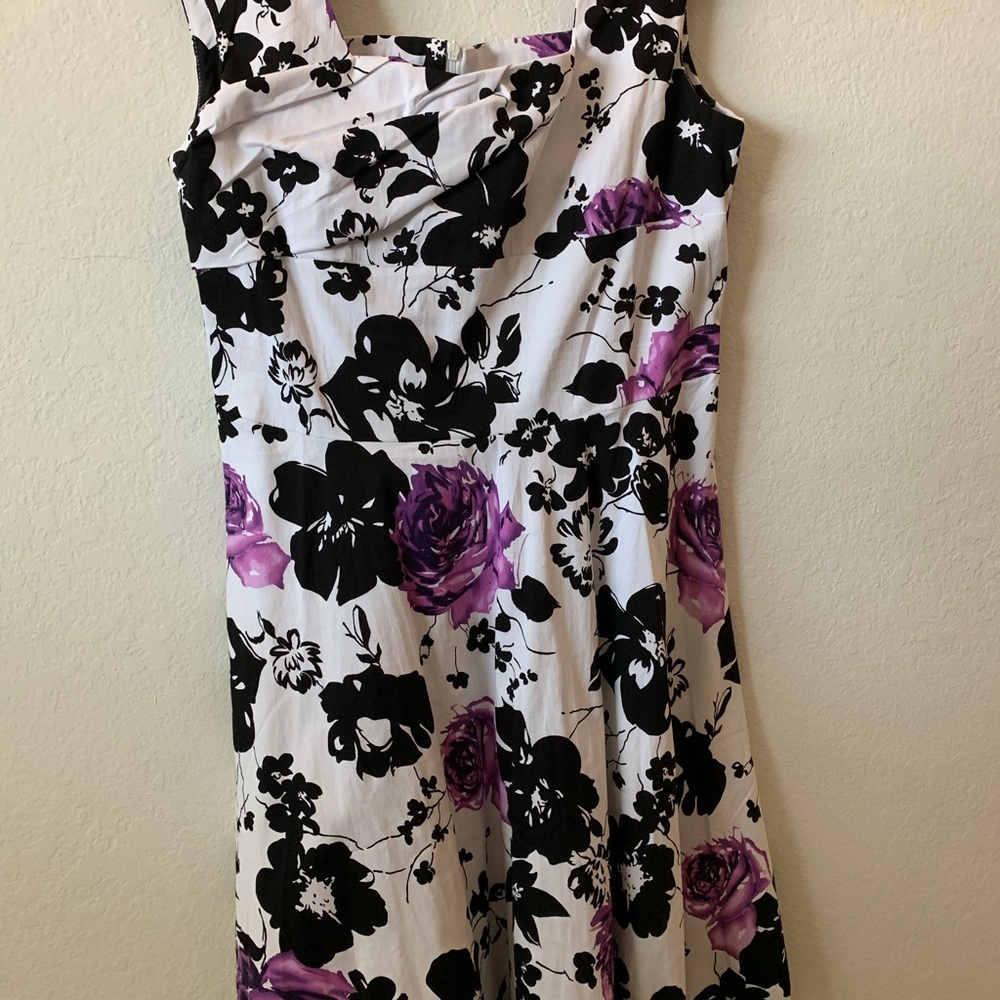white dress with purple and black flowers